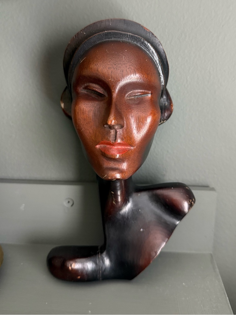Vintage Deco Hand-Carved Brown Modern Wood Bust Sculpture - Home Art